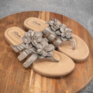 Clarke Women's Elizabelle Mae Floral Silver Metallic Leather Sandals Size 8